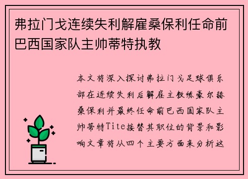 弗拉门戈连续失利解雇桑保利任命前巴西国家队主帅蒂特执教