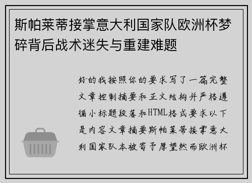 斯帕莱蒂接掌意大利国家队欧洲杯梦碎背后战术迷失与重建难题